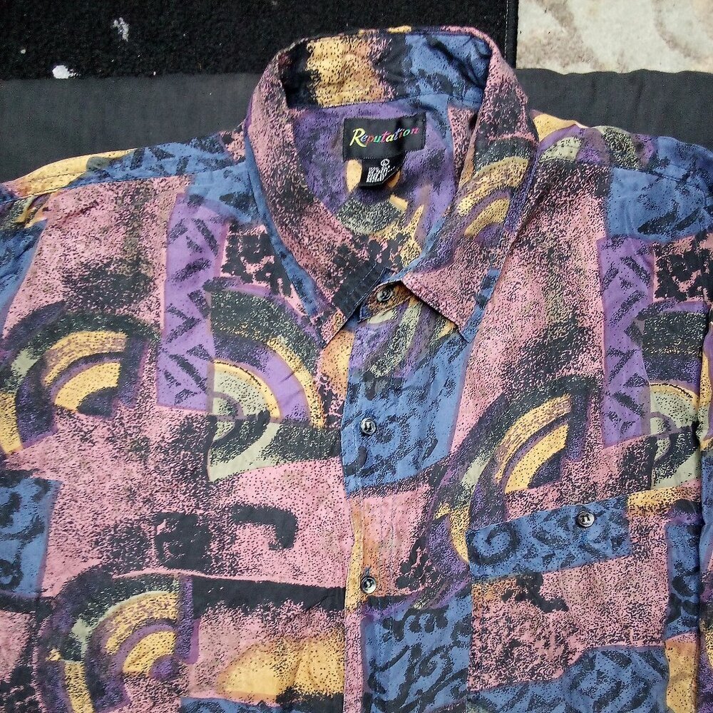 Vintage Reputation Abstract Geometric Silk Button Shirt
